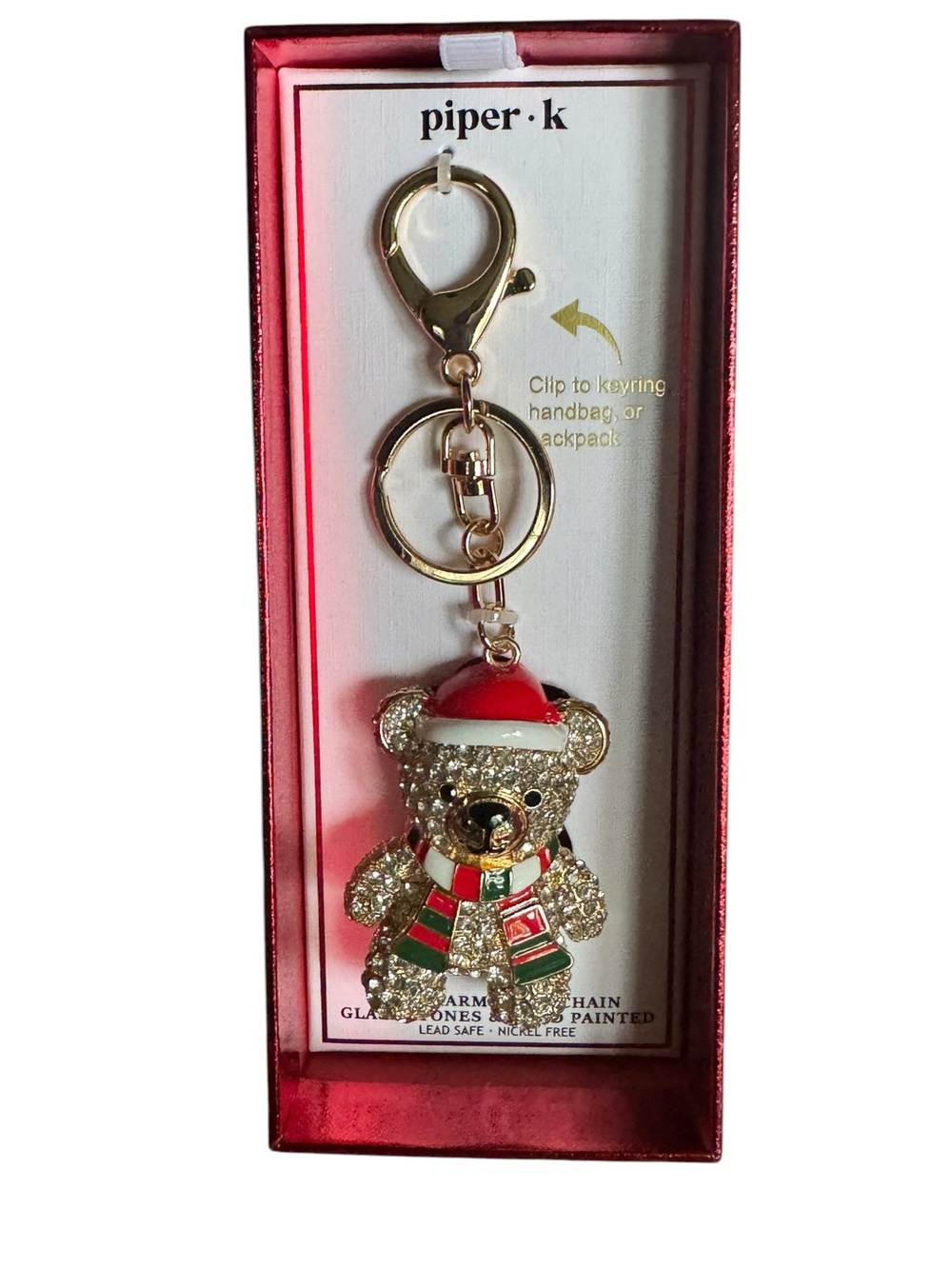 piper·k Gold-Tone Crystal Teddy Bear Keychain with Red & Green Accents